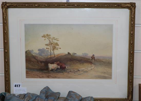 19th century English School, watercolour, Herdsmen with cattle watering in a Scottish landscape, 21 x 33cm